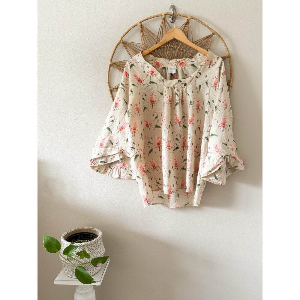 Anthropologie HD in Paris “Linen” Flowy Floral Top Bubble Sleeve Artsy Lagenlook